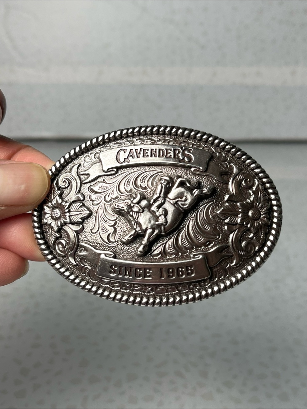 Cavender’s Oval Silver Tone Engraved Western Belt Buckle